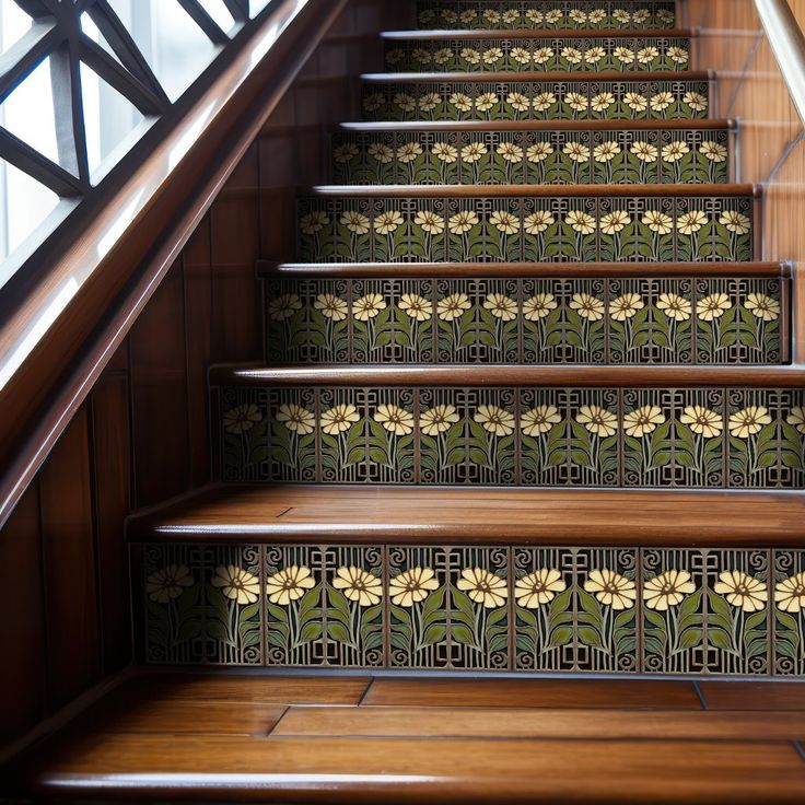 the stairs are decorated with decorative tiles and wooden handrails, as well as wood flooring