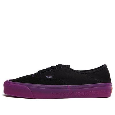 The September 2019 release of the RETROSUPERFUTURE x Vans Style 43 pack introduced a new take on the classic vulcanized silhouette. This LX 'Purple' model features a black suede toe box and canvas body, with RETROSUPERFUTURE and Vans branding in purple. The vulcanized sole is finished with bold purple taping that features 3D lettering, creating a shoe that is both eye-catching and practical. The two-shoe pack was released alongside two pairs of RFS sunglasses in coordinating colorways, perfect f Purple Vans, 3d Lettering, Vans Style, Model Features, Vans Off The Wall, Purple And Black, Black Suede, Low Top, Two By Two