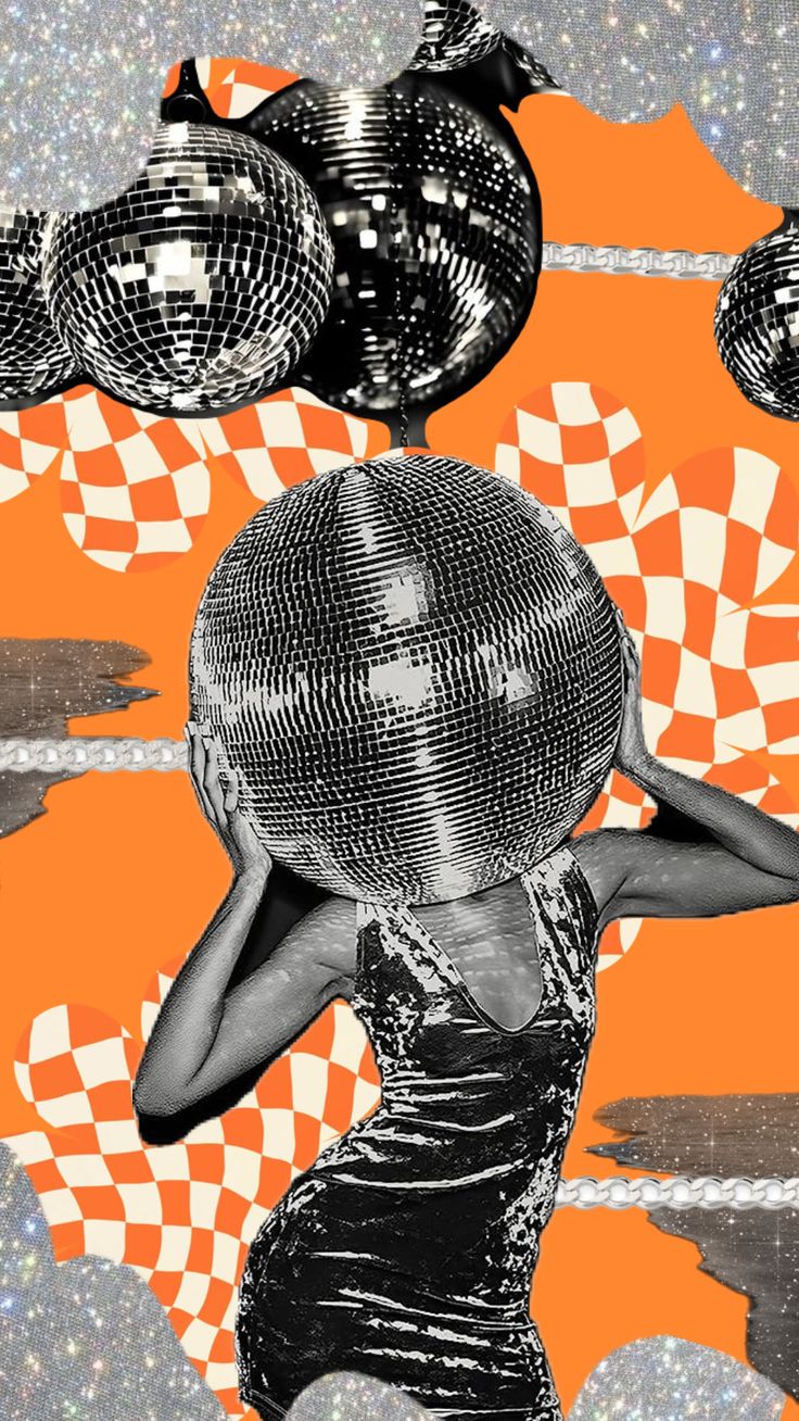 a woman is dancing with disco balls in front of an orange and black background,