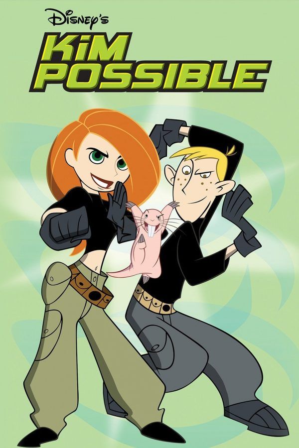 an animated character is being hugged by another character in front of a green background with the words kim possible on it