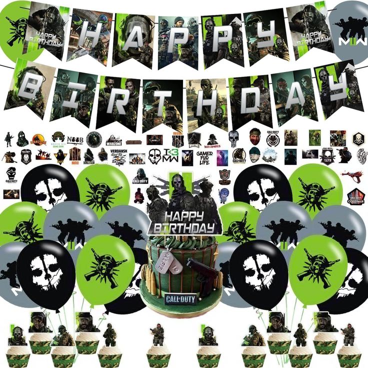 a birthday party with green and black decorations