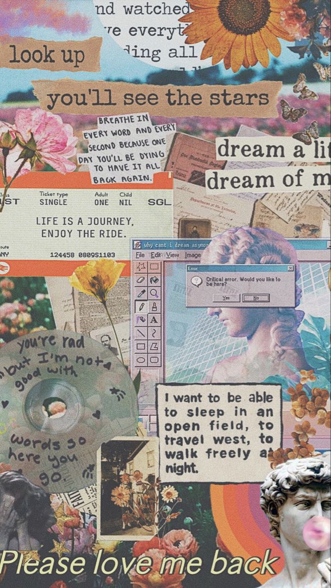 collage with words and pictures on it, including an image of a woman's face