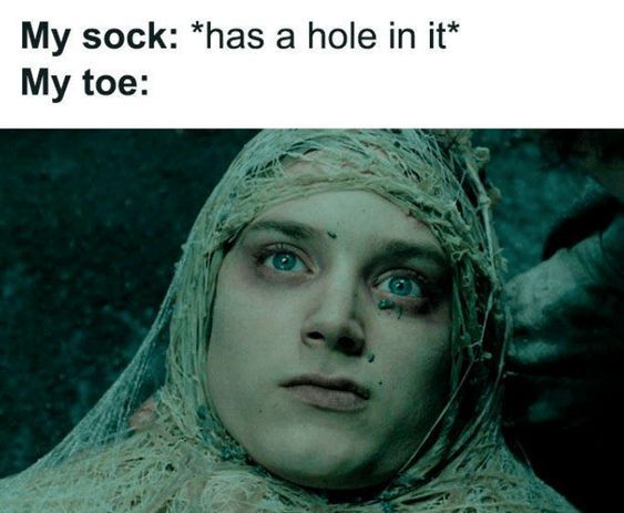 a woman with blue eyes wearing a veil and looking at the camera text reads, my sock has a hole in it my toe