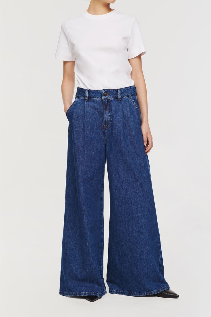 Martha | Pleat Front Denim Jeans in Mid Blue | ALIGNE Denim Waistcoat, Pleated Denim, Double Denim, Crisp White Shirt, Denim Trends, Conscious Fashion, Wool Turtleneck, Tweed Jacket, Look Chic