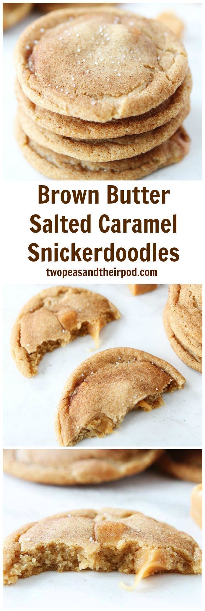 brown butter salted caramel snickkerdoodles are stacked on top of each other