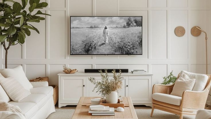 a living room filled with furniture and a flat screen tv mounted on the wall above a wooden coffee table