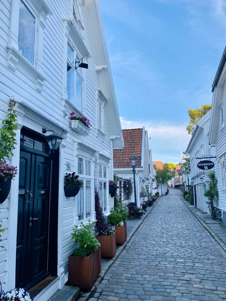 a cobblestone street lined with white houses and potted plants on either side