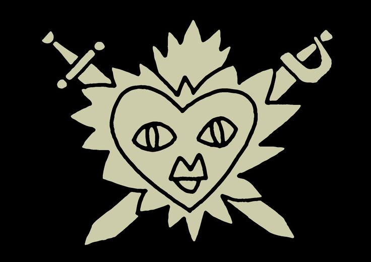 a drawing of a heart with two eyes and an arrow in the middle on a black background