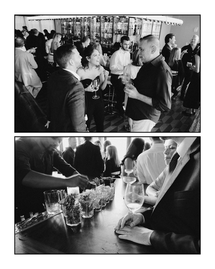 black and white photos of people at a bar talking to each other, one man is shaking hands with the other