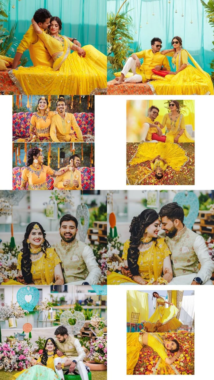 the couple is posing for pictures in their wedding outfits and yellow clothes, while they are sitting