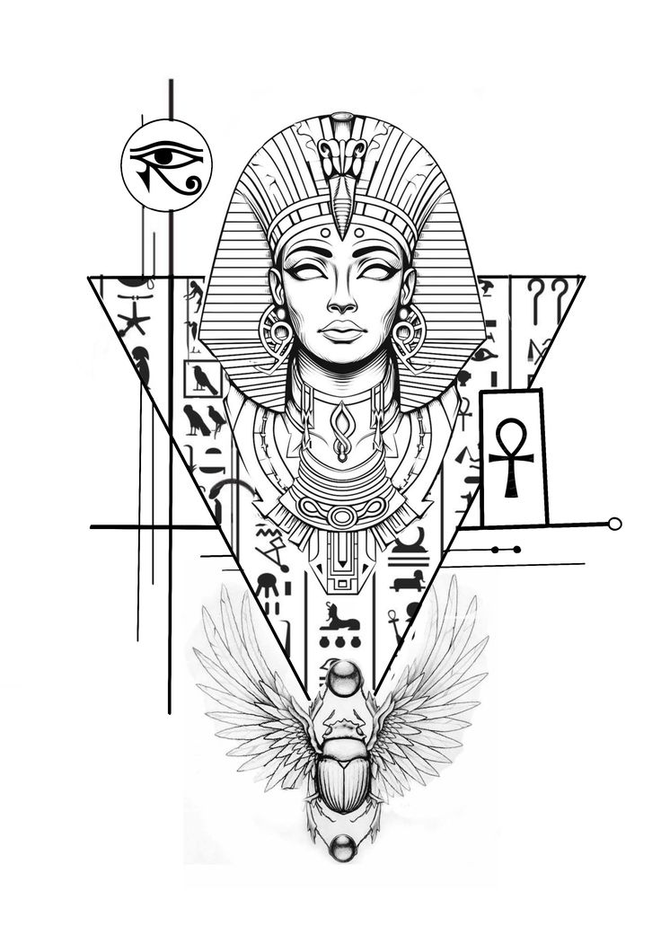 an egyptian tattoo design with the head of queen nefere and symbols on it