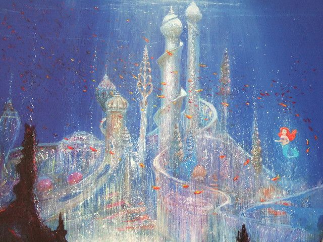 a painting of a castle in the middle of water with lights shining on it's sides