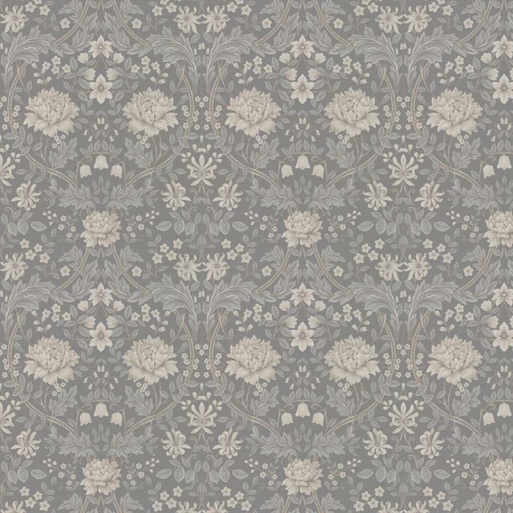 a gray and white wallpaper with flowers on it