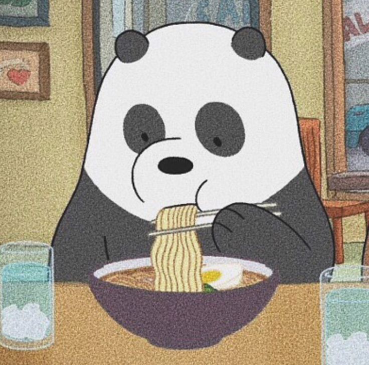 a panda eating noodles with chopsticks at a table