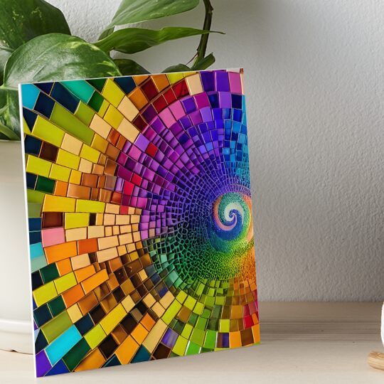 a colorful art piece on top of a table next to a potted green plant