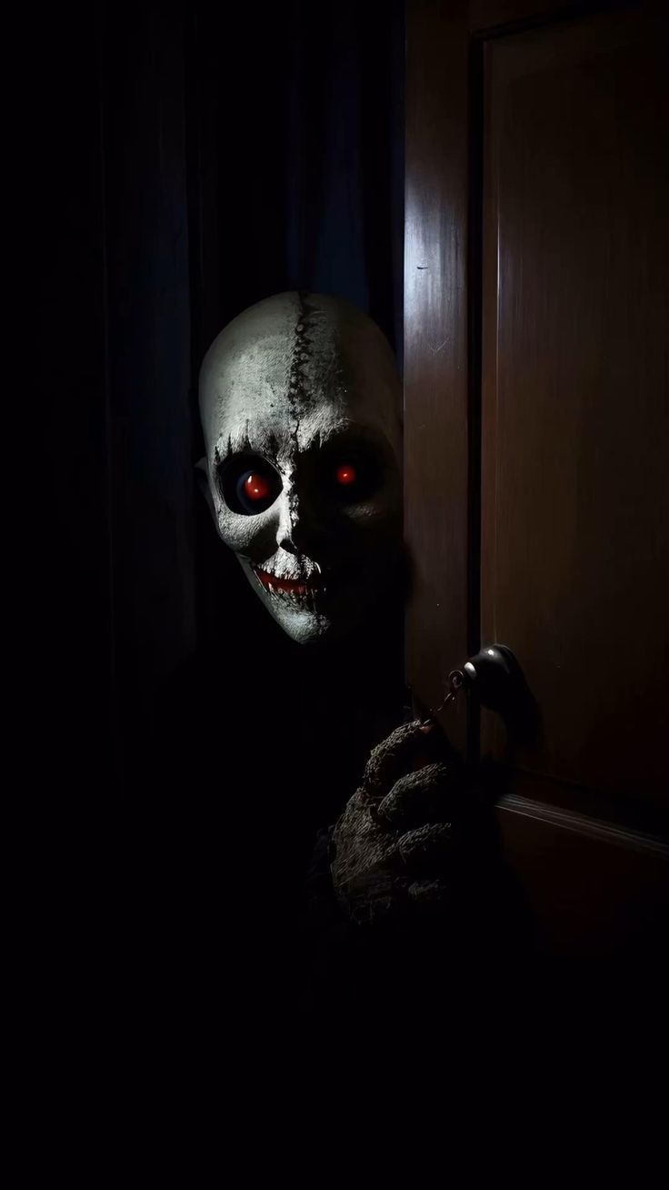 a creepy looking person with red eyes holding a door handle in front of a dark room