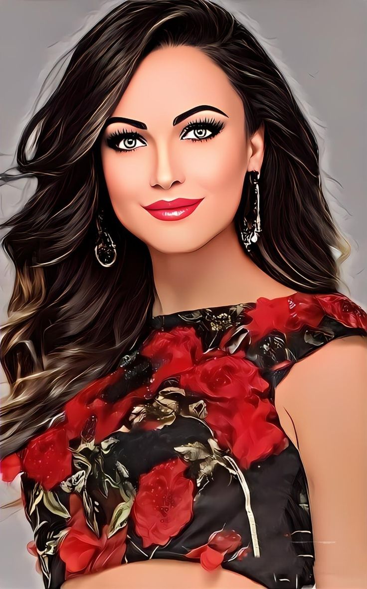 a digital painting of a woman with long hair and red flowers on her dress, wearing large earrings