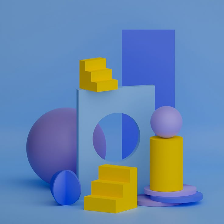 an assortment of colorful objects on a blue background with one object in the foreground