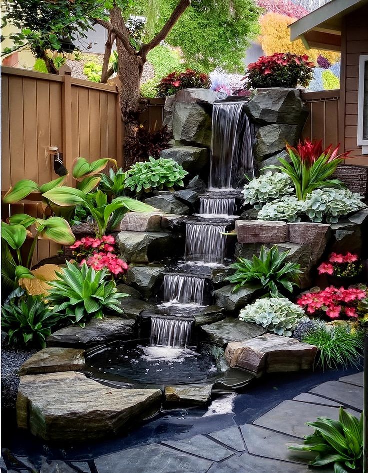 a small waterfall in the middle of a garden