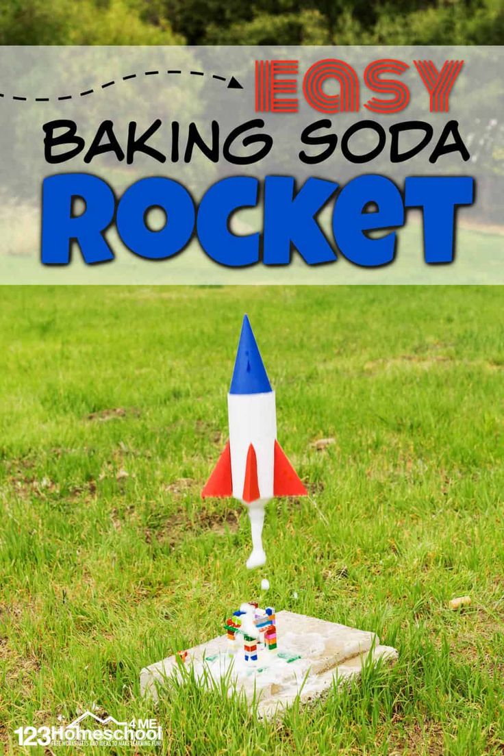 a toy rocket sitting on top of a rock in the grass with text reading easy baking soda rocket