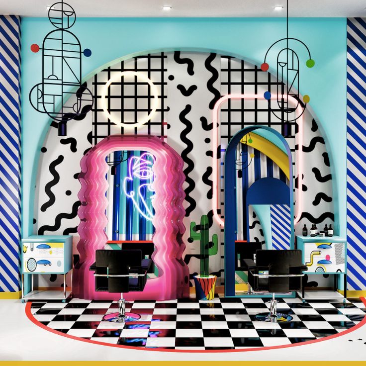 a colorful room with mirrors, stools and other items on the floor in front of a checkered wall