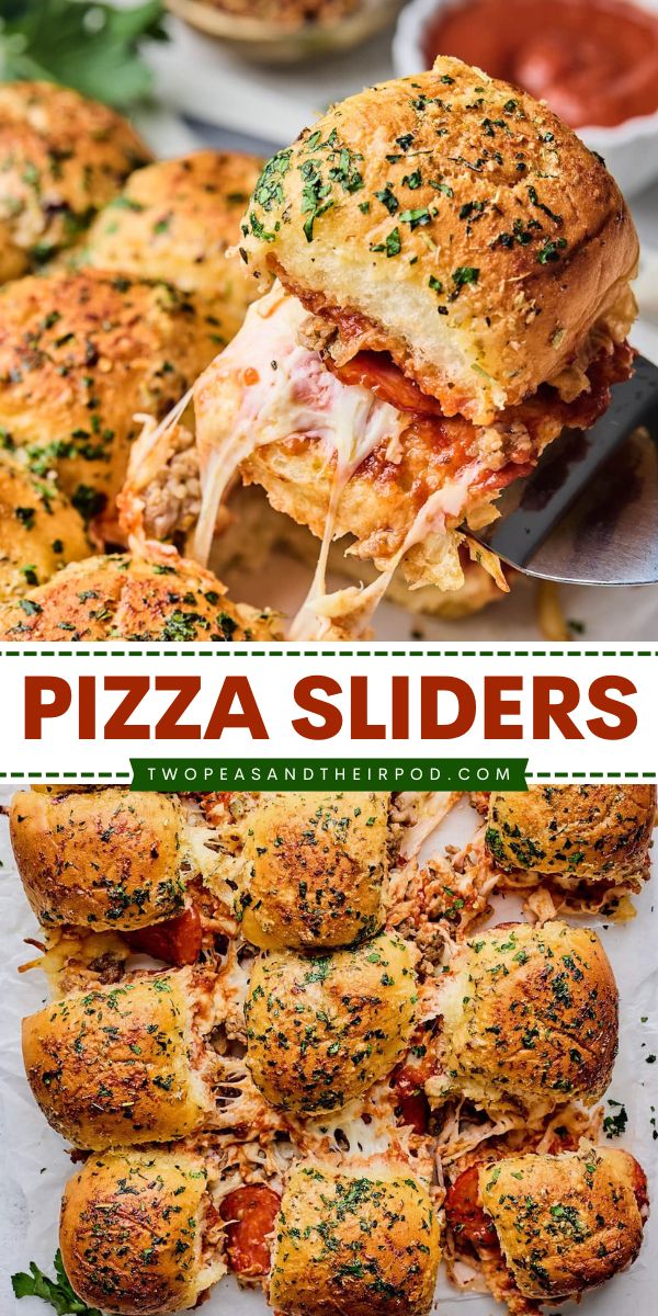 These Pizza Sliders are an easy appetizer recipe that starts with Hawaiian rolls stuffed with pepperoni, sausage, mozzarella cheese, and pizza sauce. It makes a delicious Gameday recipe or snack idea for a party! Fun Sliders Recipes, Pizza On Hawaiian Rolls, Pepperoni Sliders Recipes, Recipes With Salami And Pepperoni, Sliders Recipes Hawaiian Rolls Pepperoni, Sliders Recipes Hawaiian Rolls Pizza, Leftover Pepperoni Recipes, Sunday Football Appetizers, Game Day Meals For A Crowd