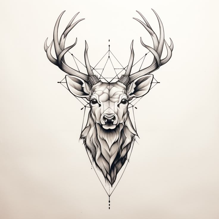 a drawing of a deer's head with geometric designs on its face and antlers