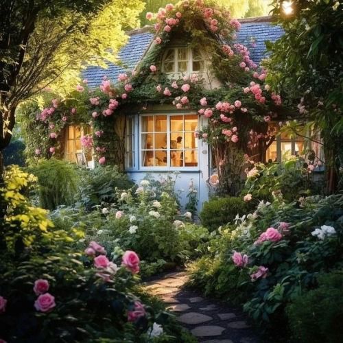 a house with roses growing all over it's roof and windows, surrounded by greenery