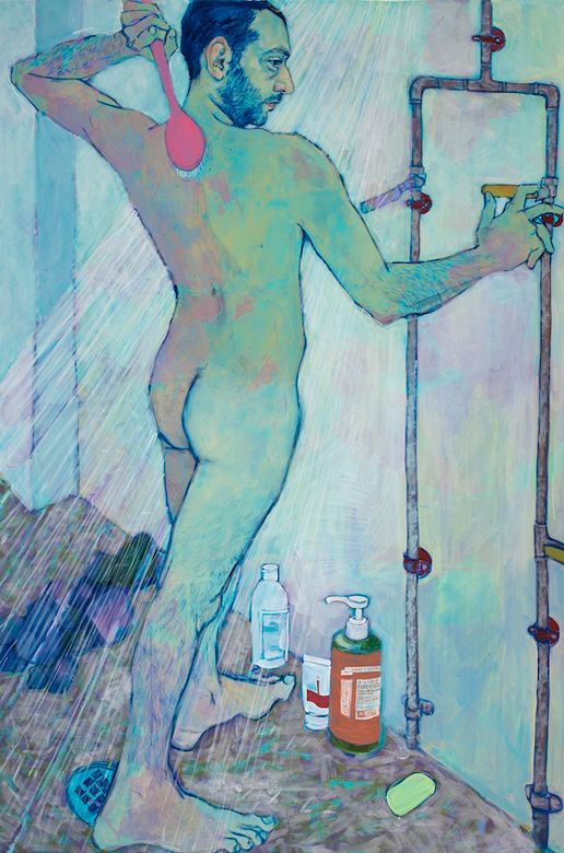 a painting of a man standing in front of a shower