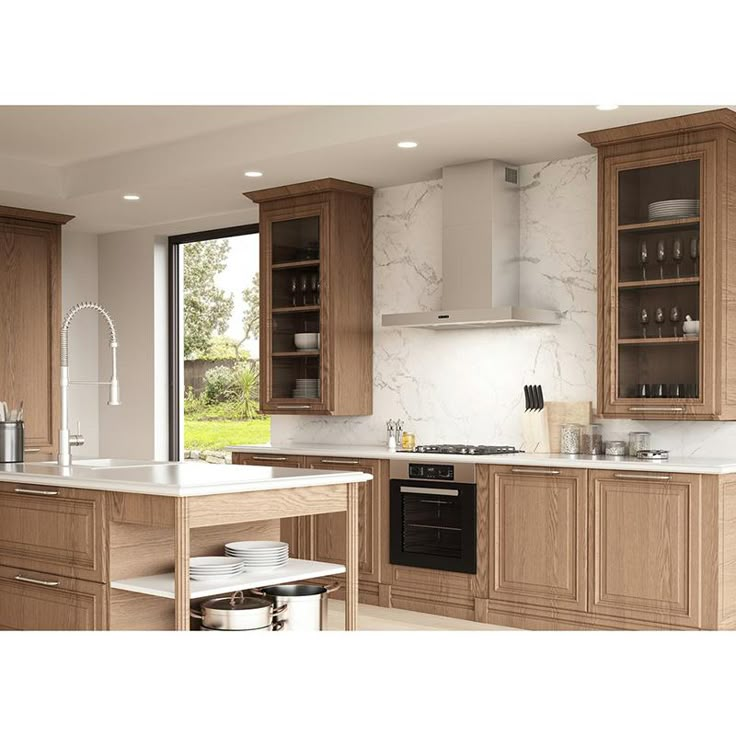 a kitchen with wooden cabinets and marble counter tops