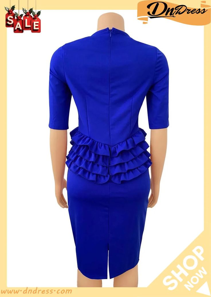 Autumn Blue Half Sleeves O-neck Midi Office Dress Blue Short Sleeve Mini Dress For Office, Blue Short Sleeve Mini Dress For The Office, Blue Ruffled Midi Dress For Office, Blue Ruffled Office Dress, Blue Office Dresses With Ruffles, Autumn Blue, Dresses Club, Office Dress, Affordable Dresses