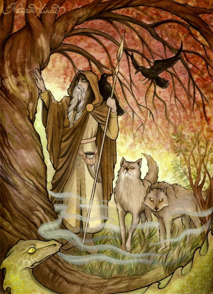 a painting of an old man with two wolfs and a bird in the background