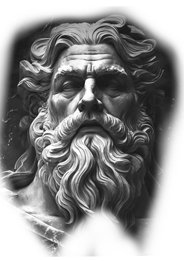 a black and white photo of a bust of a man with long hair and beard