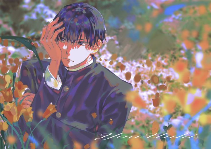 an anime character holding his hand to his face while standing in a field of flowers