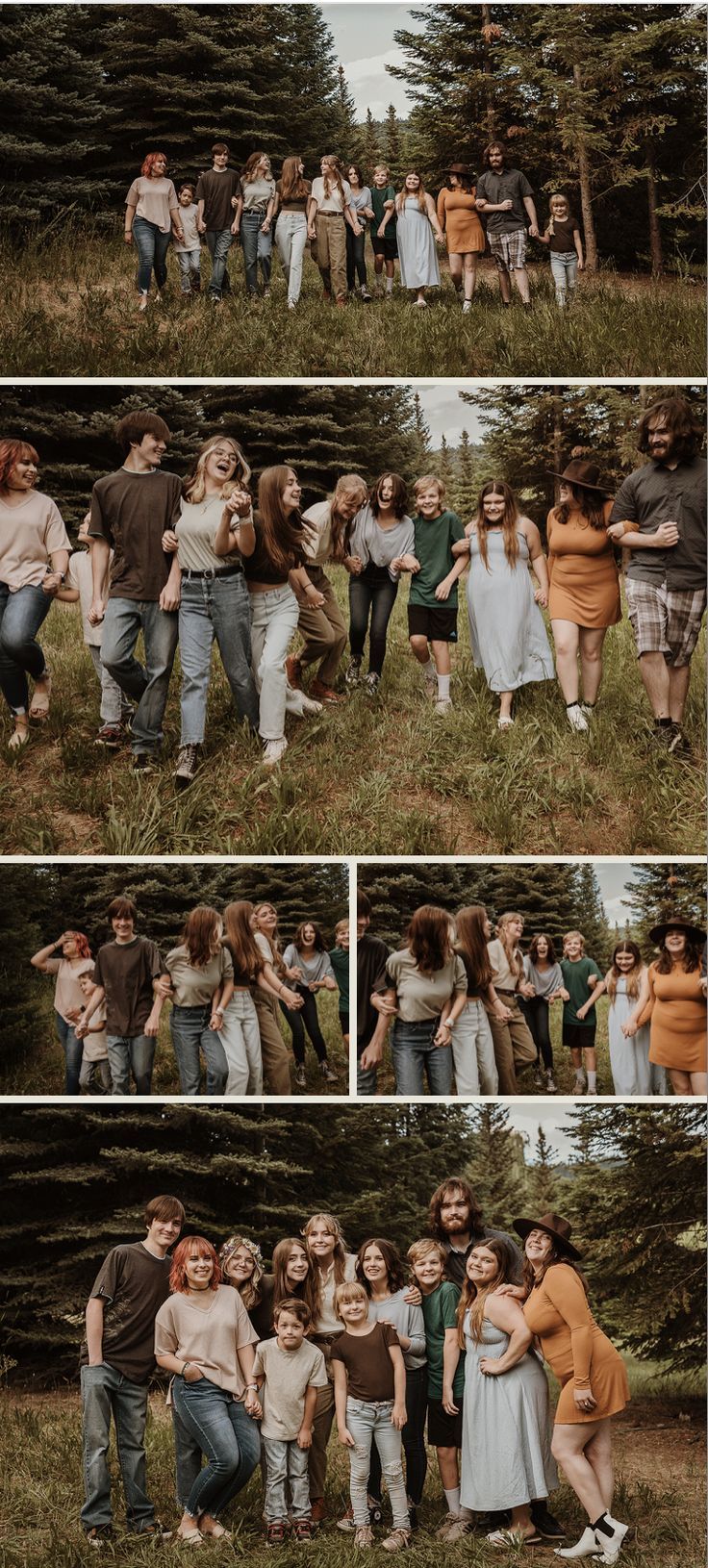 a group of people standing next to each other in the grass with trees behind them