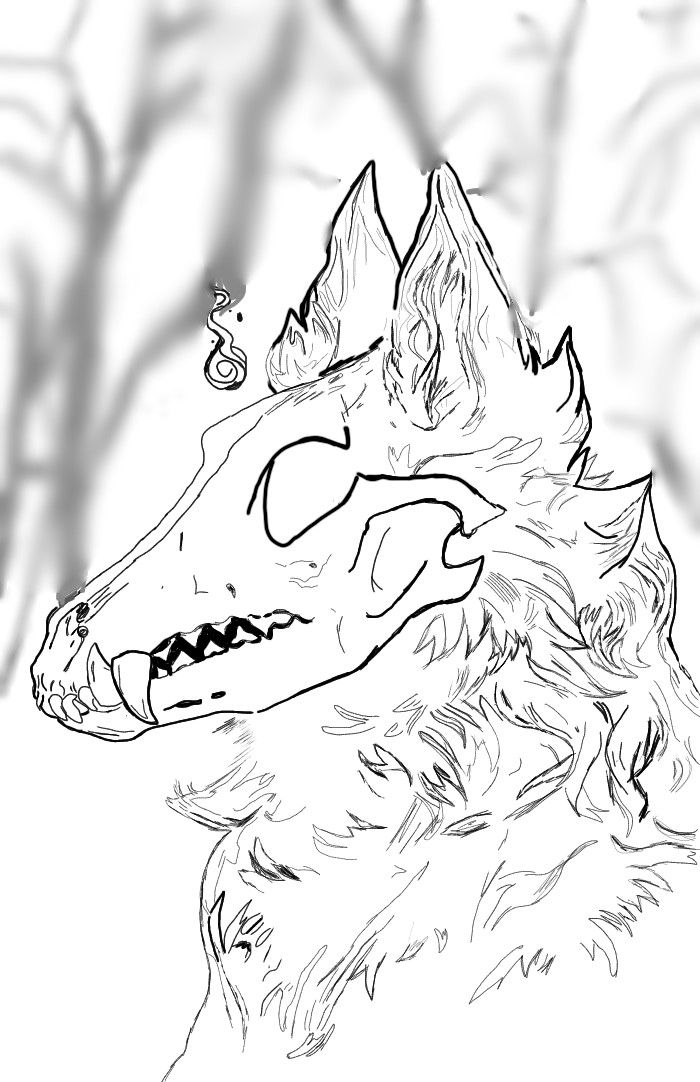 a black and white drawing of a wolf's head with trees in the background