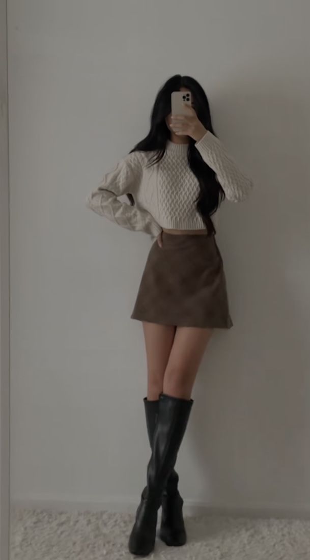 Knee Length Skirt With Boots, Brown Skirt With Black Tights, Brown Skirt With Boots, Brown Mini Skirt Outfit Winter, Brown Miniskirt Outfits, White Shirt Brown Skirt, What To Wear With A Brown Skirt, Cream Sweater Skirt Outfit, Mini Brown Skirt Outfit