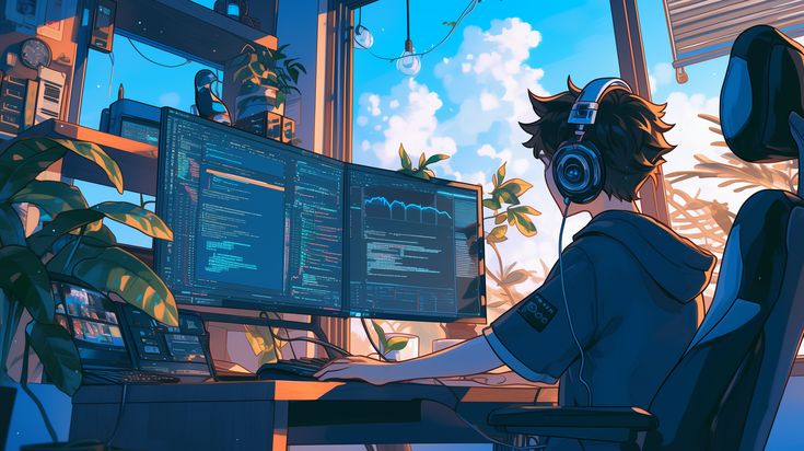 a boy wearing headphones sitting in front of a computer