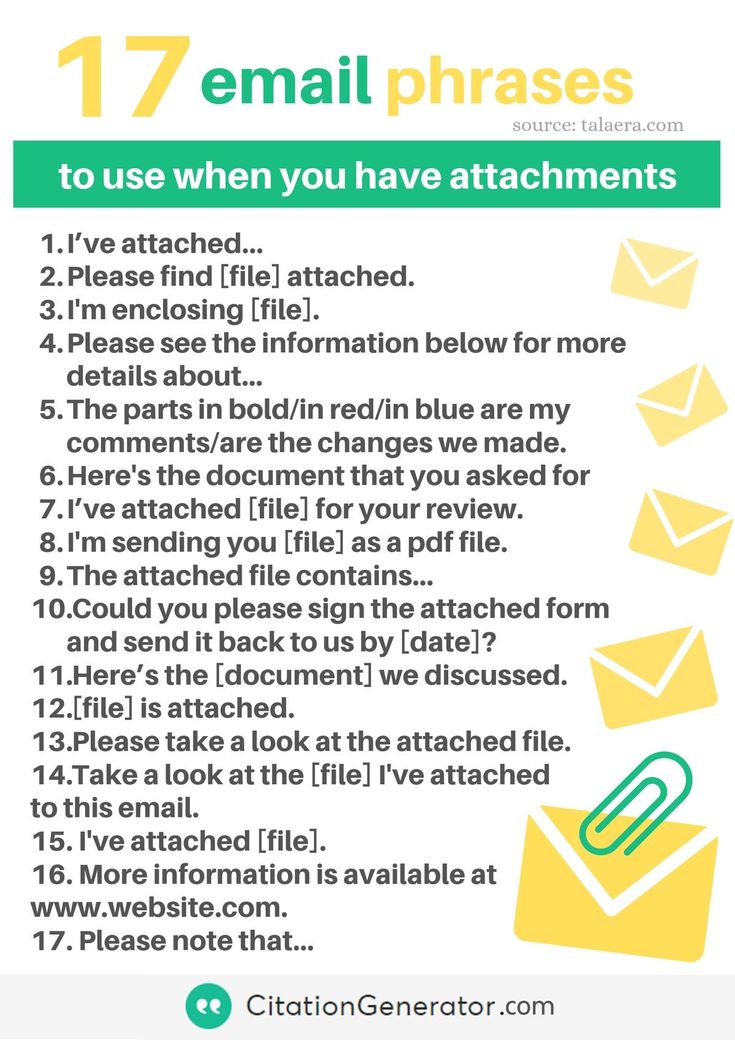 an email address is shown with the text, 17 email phrases to use when you have attachments