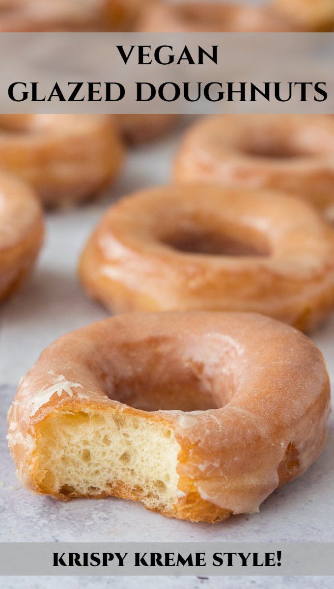 there are many glazed doughnuts on the table with words overlaying them that read, vegan glazed doughnuts krispy krem style