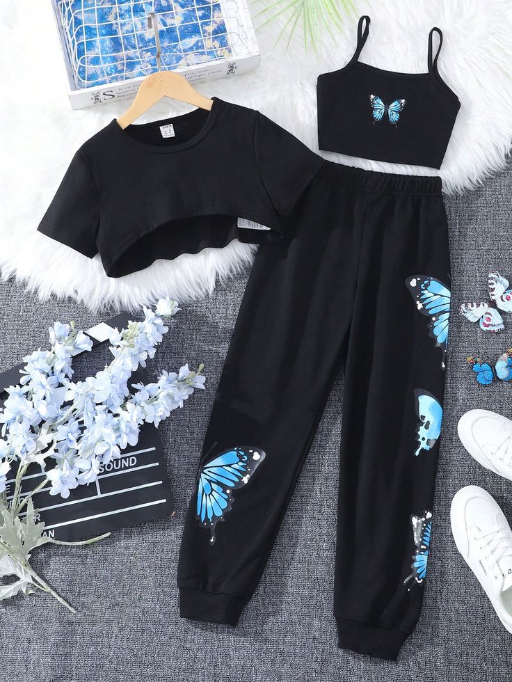 Black Casual Collar Short Sleeve  Butterfly  Embellished Slight Stretch  Tween Girls Clothing Tops Outfit, Paint Crafts, Cute Dress Outfits, Casual Preppy Outfits, Trendy Outfits For Teens, Quick Outfits, Cute Preppy Outfits, Easy Trendy Outfits, Simple Trendy Outfits