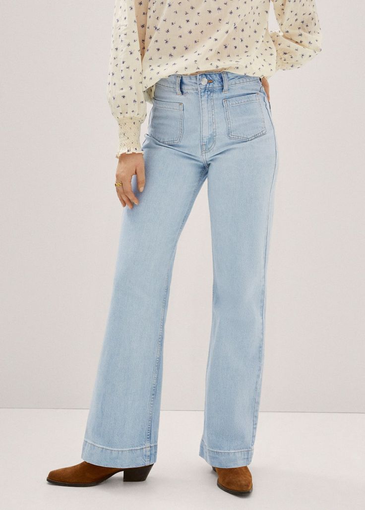 Wide-leg jeans with pockets - Women | Mango United Kingdom Jeans With Front Pockets, Jeans With Pockets, Moda Denim, Mango Jeans, Denim Style, Flared Jeans, Mid Rise Jeans, Jeans Straight Leg, Denim Wash