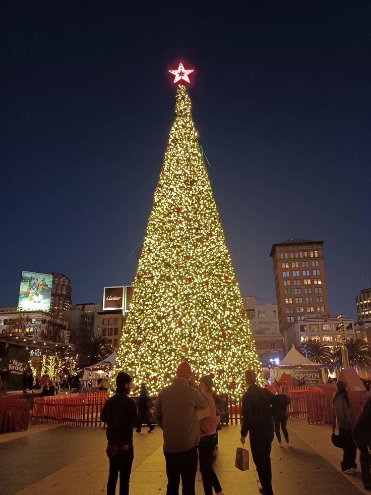 people standing in front of a large christmas tree