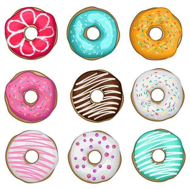 six donuts with different colored frosting and sprinkles