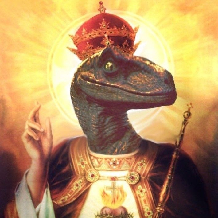 a painting of a dinosaur wearing a crown and holding a cross in his hand with the sun shining behind him