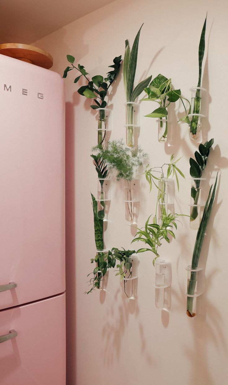 a pink refrigerator freezer sitting next to a wall mounted planter with plants on it