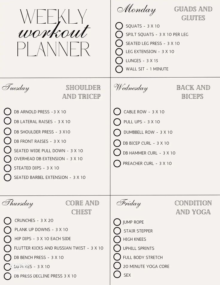 a printable weekly workout planner is shown in black and white, with the words