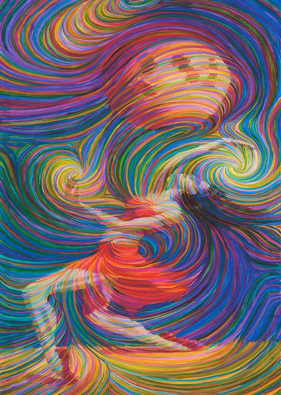 an abstract painting with multicolored swirls on the bottom, and a woman's face in the middle