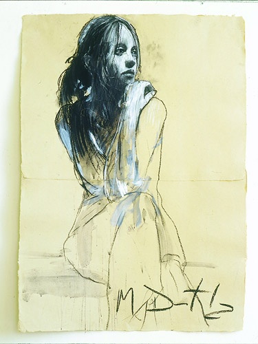 a drawing of a woman with long hair sitting in front of a white wall and looking off to the side