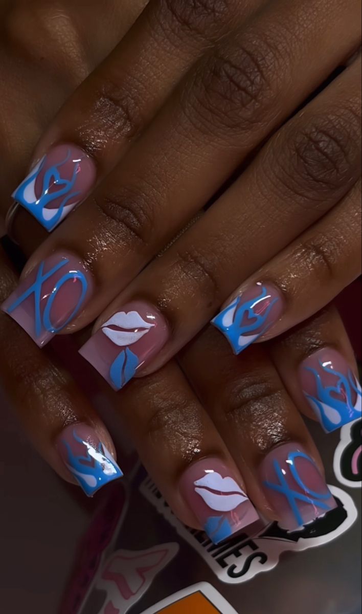 Blue Acrylic Nails Short Square, Blue Short Acrylic Nails, Simple Nails Design, Acrylic Nails Almond Shape, Acrylic Nail Set, Hard Nails, Girly Acrylic, Blue Acrylic Nails, Colored Acrylic Nails